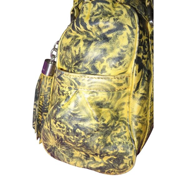 BOTKIER Morgan Indonesian Lamb leather tassel satchel Yellow Green floral print - Picture 4 of 16